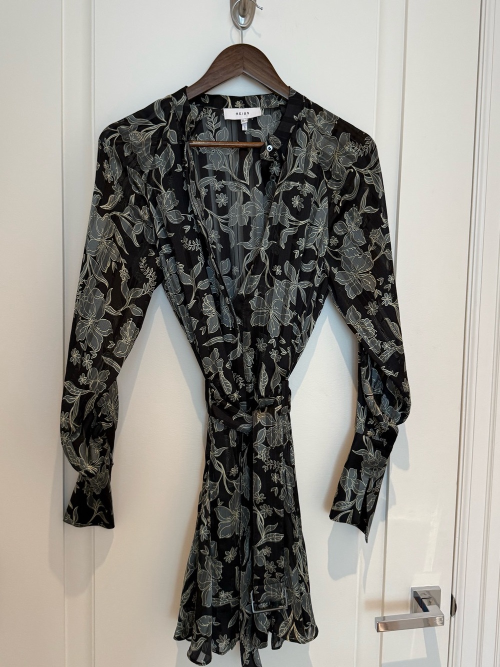 Reiss Black Floral Wrap Dress with Pale grey Green floral Print